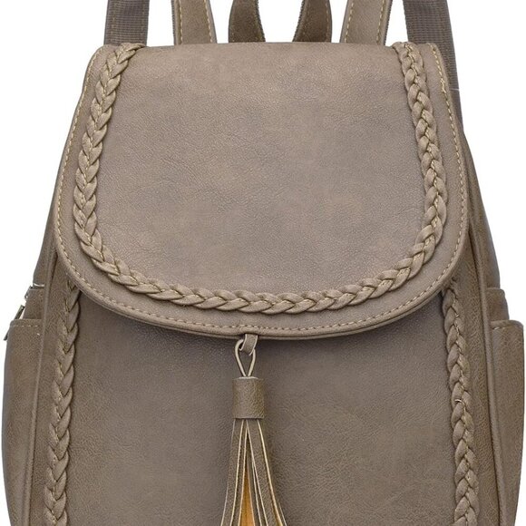 Accessories - Small Synthetic Leather Backpack Purse for Women with Tassel Casual Khaki